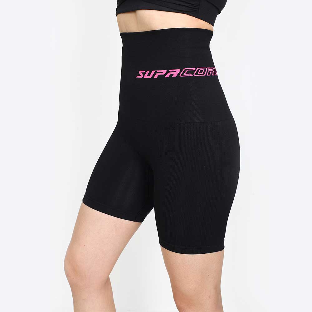 Supacore Shorts Patented Nina Women's CORETECH® Postpartum extra high waist Compression Shorts (Black with Pink Logo)